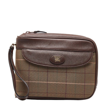 BURBERRY Check Pouch Second Bag Khaki Brown Canvas Leather Women's
