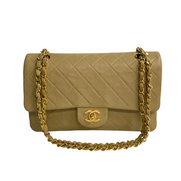 CHANEL Matelasse Double Flap 25cm Leather Chain Handbag Beige 14514