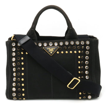 PRADA CANAPA Tote Bag Handbag Shoulder Bijou Studded Canvas NERO Black B24390