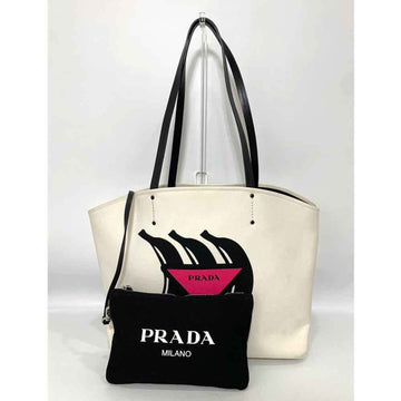 PRADA Bag Tote White x Black Shoulder Banana Triangle Print Women's Canapa Canvas Leather 1BG220