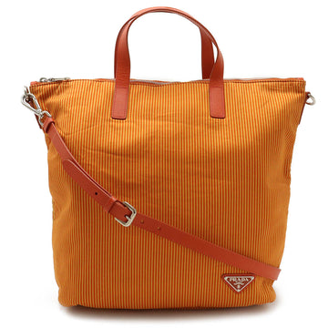 PRADA Tote Bag Handbag Shoulder Striped Canvas Leather Orange B2052G