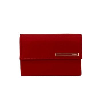 PRADA metal fittings nylon leather bi-fold wallet compact red 13822