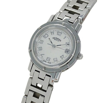 HERMES Watch Ladies Clipper Nacle Shell Date Quartz Stainless Steel SS CL4.210 Silver Round Polished