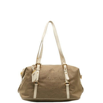 PRADA Jacquard Handbag BL0600 Beige White Canvas Leather Women's
