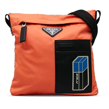 PRADA Triangle Plate Shoulder Bag Orange Nylon Women's