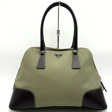 PRADA Handbag Khaki Green Brown Canvas x Leather Key and Lock Triangular Plate Women's ITWLHA5SLMC2