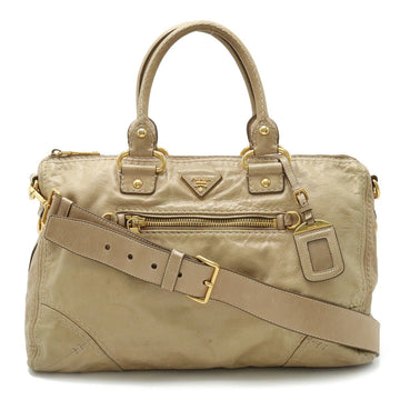PRADA handbag Boston bag shoulder leather beige
