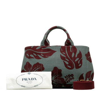 PRADA Triangle Plate Hibiscus Canapa M Handbag Shoulder Bag Gray Wine Red Canvas Women's