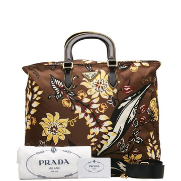 PRADA Flower Handbag Shoulder Bag BN2741 Brown Yellow Nylon Leather Women's