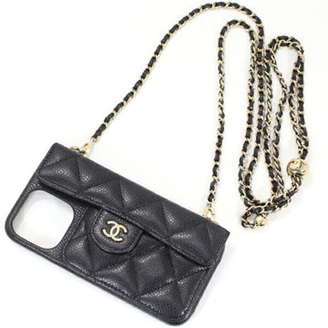 CHANEL iPhone 13 PRO Cover with Chain Shoulder Strap Case Matelasse Caviar Skin Black Coco Mark Leather Women's  AP2689 T4950-y