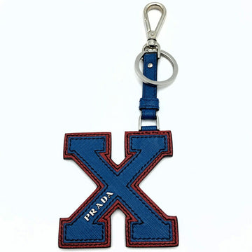 PRADA Key Holder Ring Letter Charm X-Shape Alphabet Blue Red Leather
