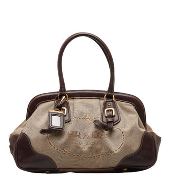 PRADA Jacquard Handbag Tote Bag Beige Brown Canvas Leather Women's