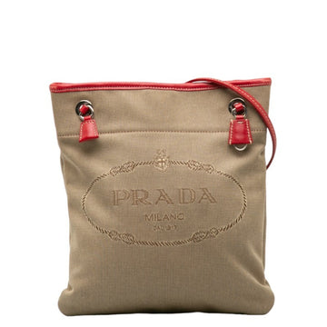PRADA Jacquard Shoulder Bag Beige Red Canvas Leather Ladies