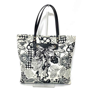 CHANEL Bag Tote Black x White Camellia Coco Women's Cotton Canvas Calf Leather Silk A57347
