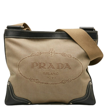 PRADA Jacquard Shoulder Bag BT0537 Beige Black Canvas Leather Women's
