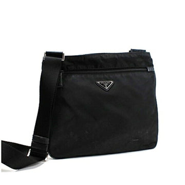 PRADA Shoulder Bag Nylon x Leather Triangle Plate Black  Women's Men's Unisex
