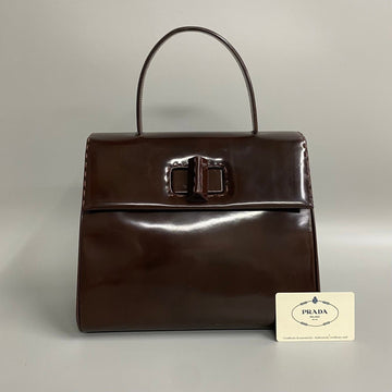 PRADA turnlock hardware patent leather handbag tote bag brown 21372