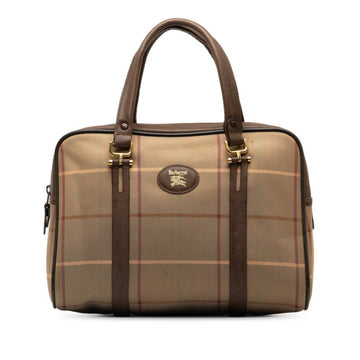 BURBERRY Check Handbag Khaki Brown Nylon Leather Women's