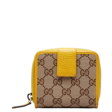 GUCCI GG Canvas Bi-fold Wallet Round Fauner Compact 346056 Beige Yellow Leather Women's
