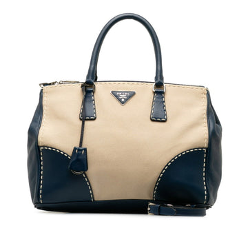 PRADA Handbag Shoulder Bag Beige Navy Canvas Leather Ladies