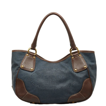 PRADA Jacquard Handbag BR4635 Navy Brown Canvas Leather Women's