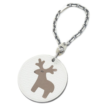HERMES Animal Keychain Reindeer Bag Charm Leather Silver White Brown