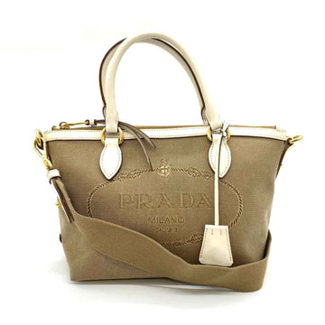 PRADA Bag 2way Handbag Beige Khaki x White Shoulder Embroidery Women's Jacquard Leather 1BA111