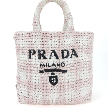 PRADA Tote Bag Small Crochet 1BG422 Raffia Pink White Women's