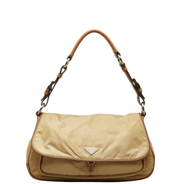 PRADA Triangle Plate Bag Handbag Beige Brown Nylon Leather Women's
