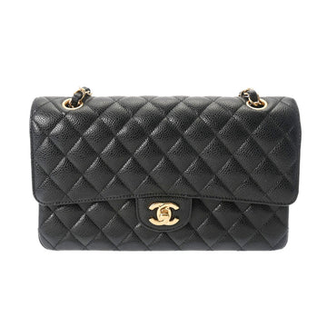 CHANEL Matelasse Chain Shoulder 25cm W Flap Black A01112 Women's Caviar Skin Bag