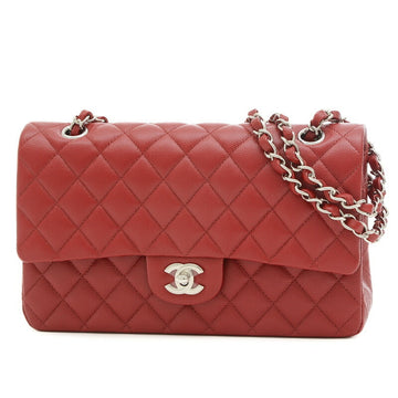CHANEL Matelasse W Chain Shoulder Bag 25 Caviar Skin Red A01112