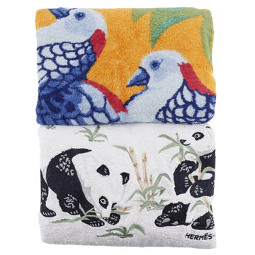 HERMES Beach Towel Set Miscellaneous Bird Panda Blanket Cotton White/Blue of 2 Towels Unisex
