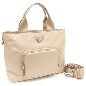 PRADA Handbag 1BG354 Beige Nylon Leather Shoulder Bag Tote Women's