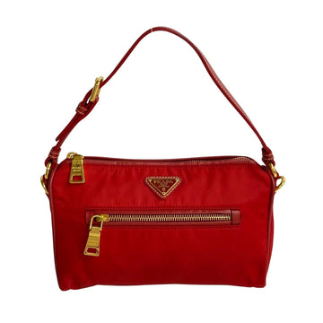 PRADA Triangle metal fittings Nylon Leather Handbag Tote bag Red 27046