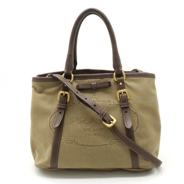PRADA Jacquard Ribbon Handbag Tote Bag Shoulder Canvas Khaki Beige Mocha Brown BN1841