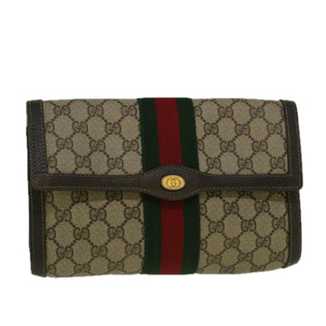 GUCCI GG Canvas Web Sherry Line Clutch Bag PVC Leather Beige Green Auth 58678
