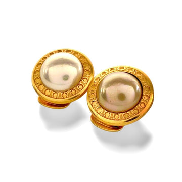 CELINE Vintage golden round frame faux pearl earrings