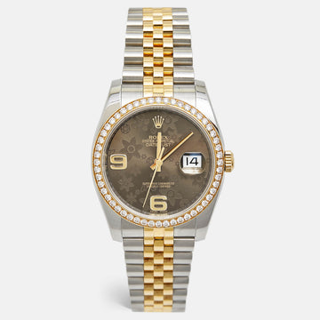 ROLEX Brown Flower Motif 18K Yellow Gold Diamond Stainless Steel Datejust 116243 Unisex Wristwatch 36 mm