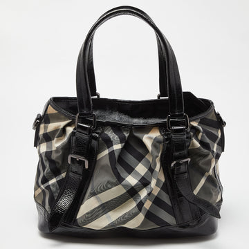 BURBERRY Black/Grey Beat Check Canvas and Patent Leather Lowry Tote