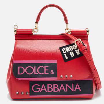 DOLCE & GABBANA Red Leather Medium Miss Sicily Choose Love Top Handle Bag