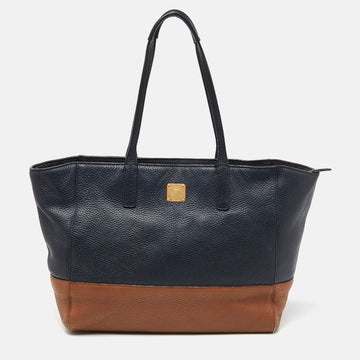 MCM Blue/Brown Leather Zip Shopper Tote