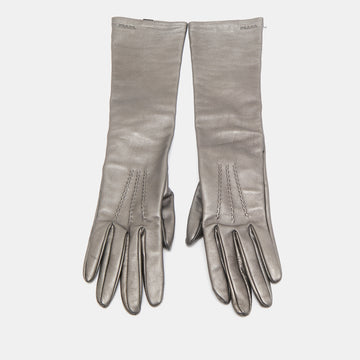 PRADA Metallic Silver Leather Long Gloves Size 7.5