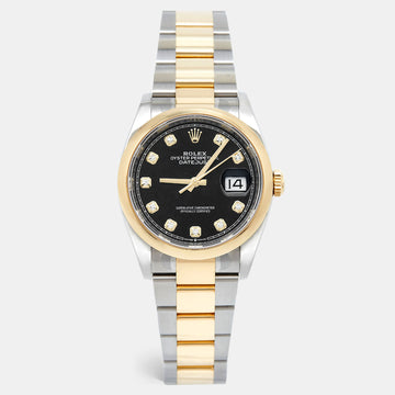 ROLEX Black Diamond 18k Yellow Gold Stainless Steel Datejust 126203 Women's Wristwatch 36 mm