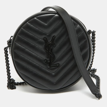Saint Laurent Black Matelasse Leather Monogram Round Crossbody Bag