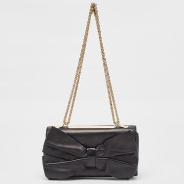 VALENTINO Black Leather Bow Flap Chain Clucth