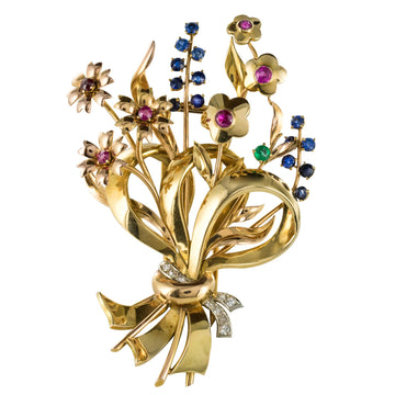 1950s Retro 18 Karat Gold Bouquet Precious Stones Brooch