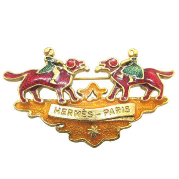 HERMES Dog Motif Cloisonne Metal Gold Red Brooch 0143