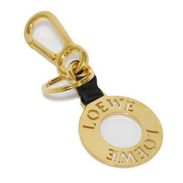 LOEWE Keychain Logo Medal Key Ring Round Die Cut Gold Circle Calfskin Black 9998675 Men Women