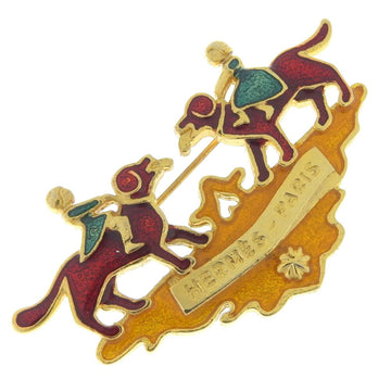 HERMES pin brooch dog and girl cloisonne gold plated multicolor ladies