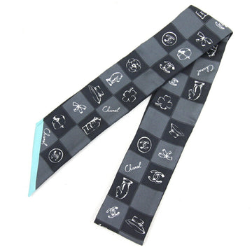 CHANEL scarf hair band black gray light green silk 100% ribbon bag charm ladies